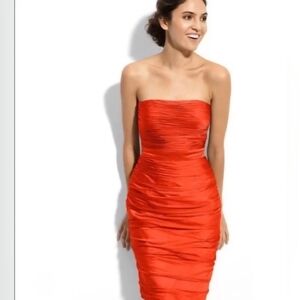 Monique Lhuillier Orange Ruched Strapless Cocktail Dress #1785